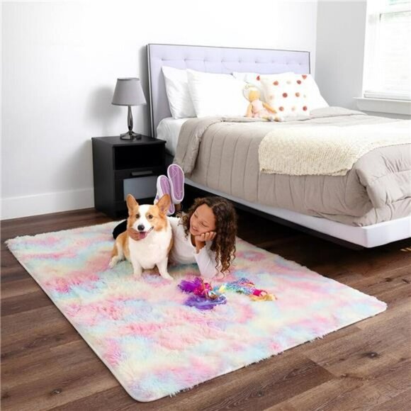 Ophanie Rainbow Colorful Area Rugs for Bedroom Girls Unicorn 4x6 Carpet Fluffy - Picture 3 of 7